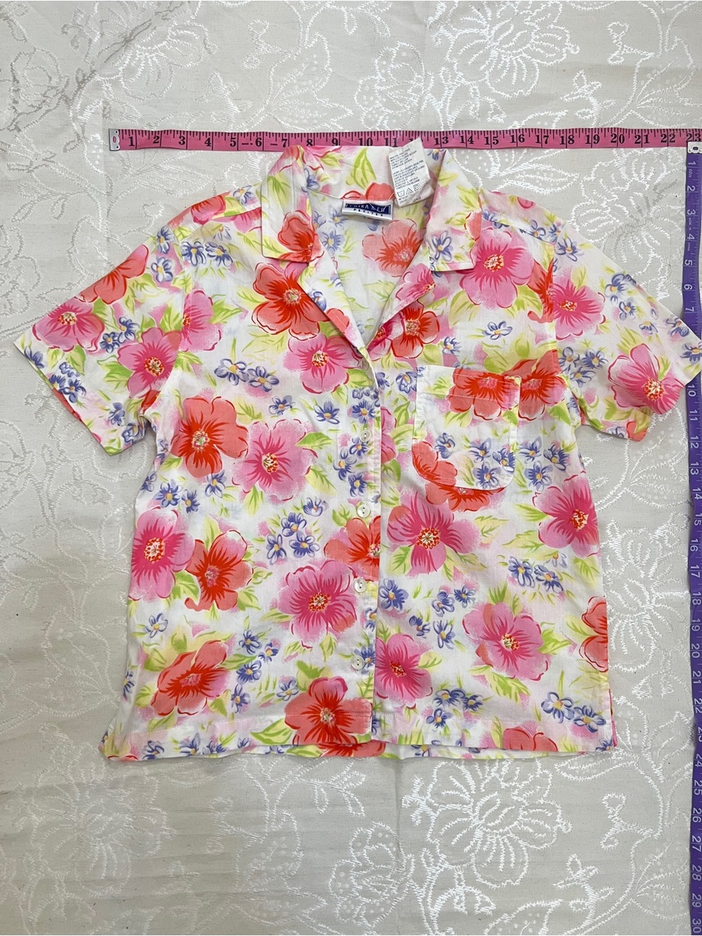 Erika & Co. Petite Floral Button-Up Blouse - Pink & Coral Blooms
